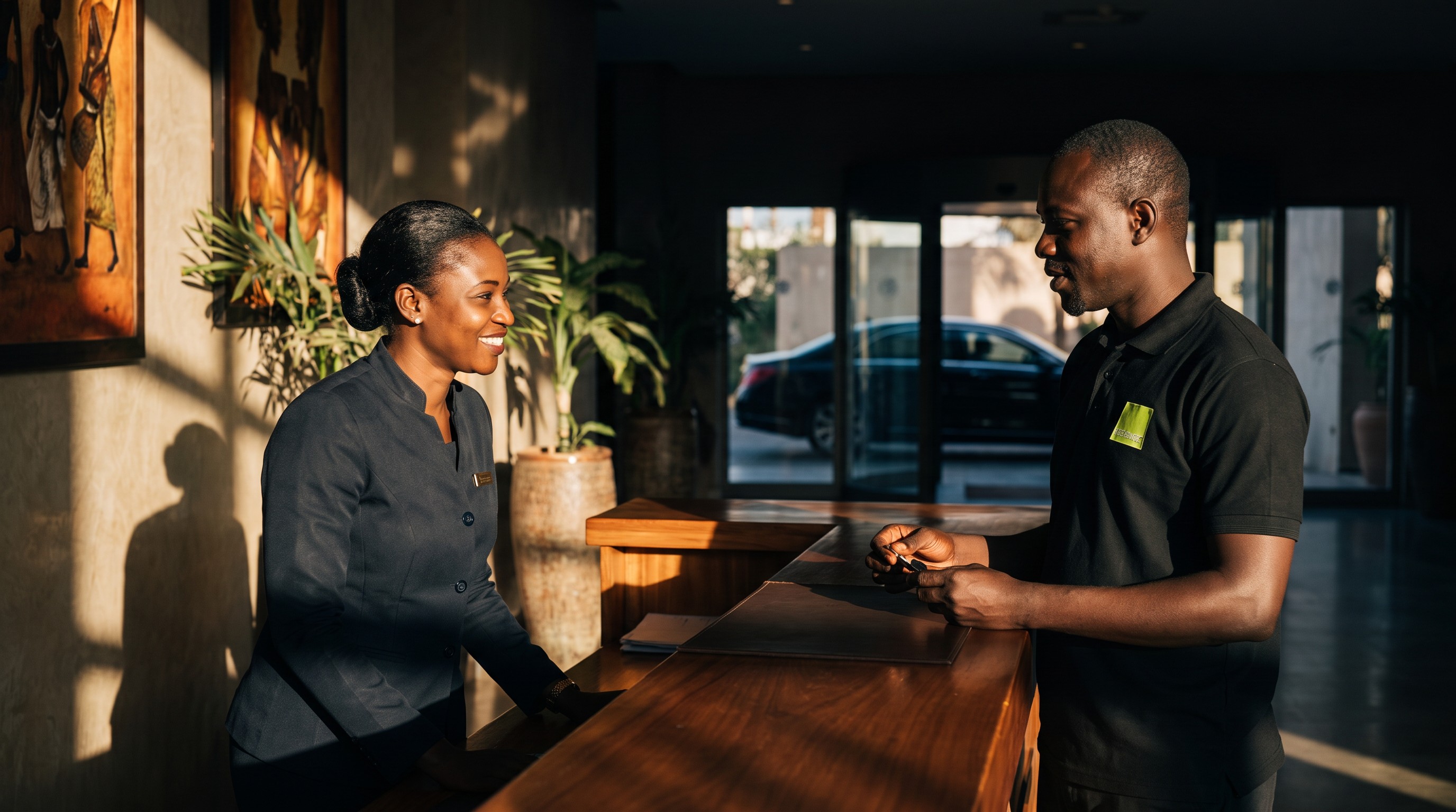 Une concierge d'hôtel et un chauffeur yoni à la réception